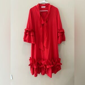 Women’s Elegant Casual Ruffled Midi Dress with Tie Neck 3/4 Long Sleeve Red M